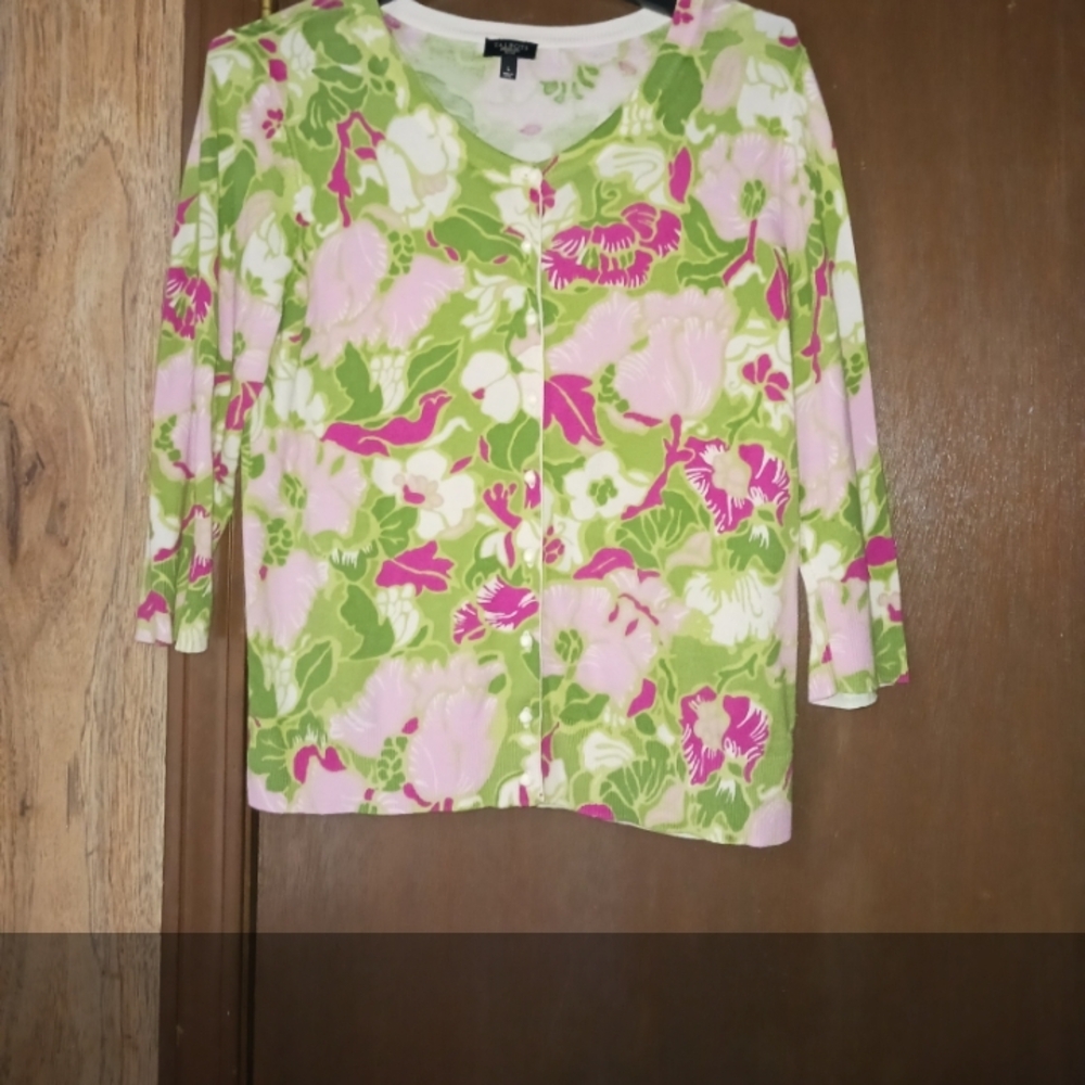 Talbots Pink Green Floral Button-Front Cardigan